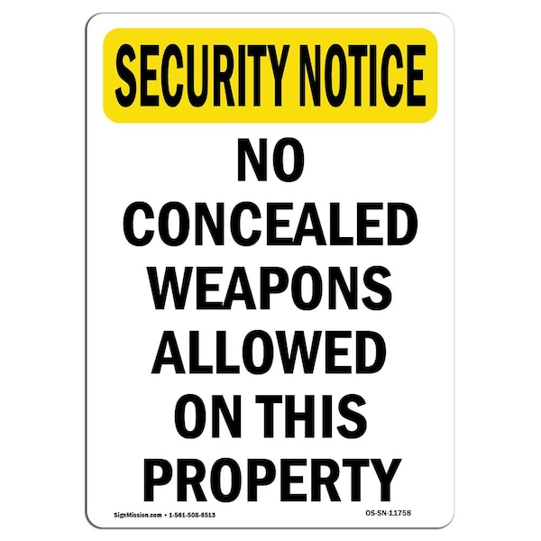 OSHA Security Sign, 5" Height, No Concealed Weapons Allowed, Portrait, 10PK